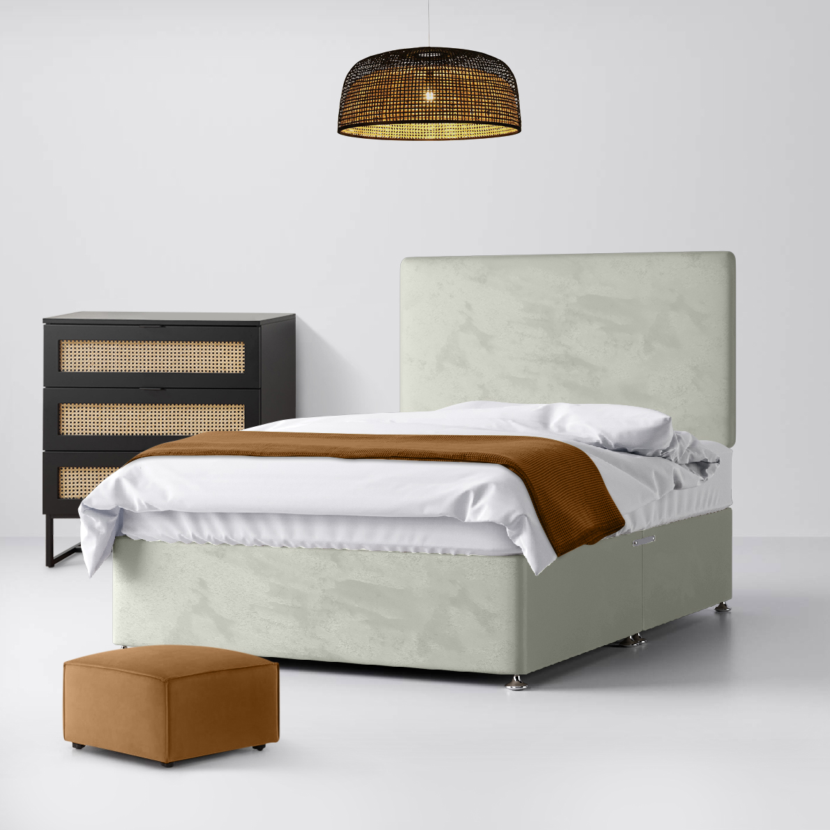 Small Double - Divan Bed and Cornell Plain Headboard - Light Grey - Velvet - 4ft - Happy Beds