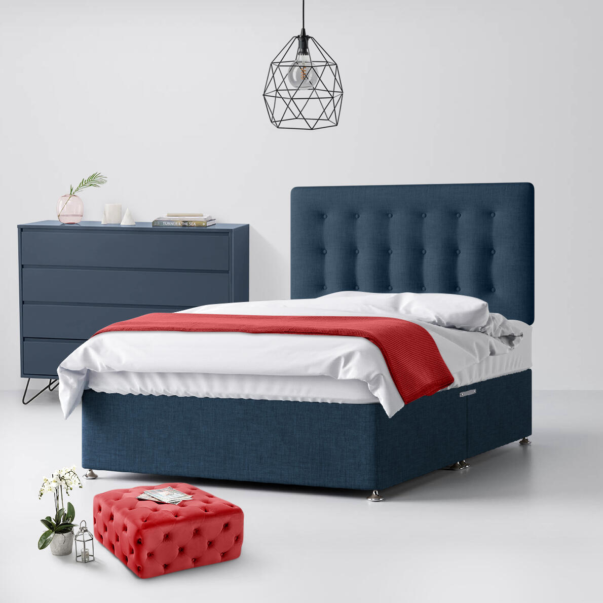 Small Double - Divan Bed and Cornell Buttoned Headboard - Dark Blue - Fabric - 4ft - Happy Beds