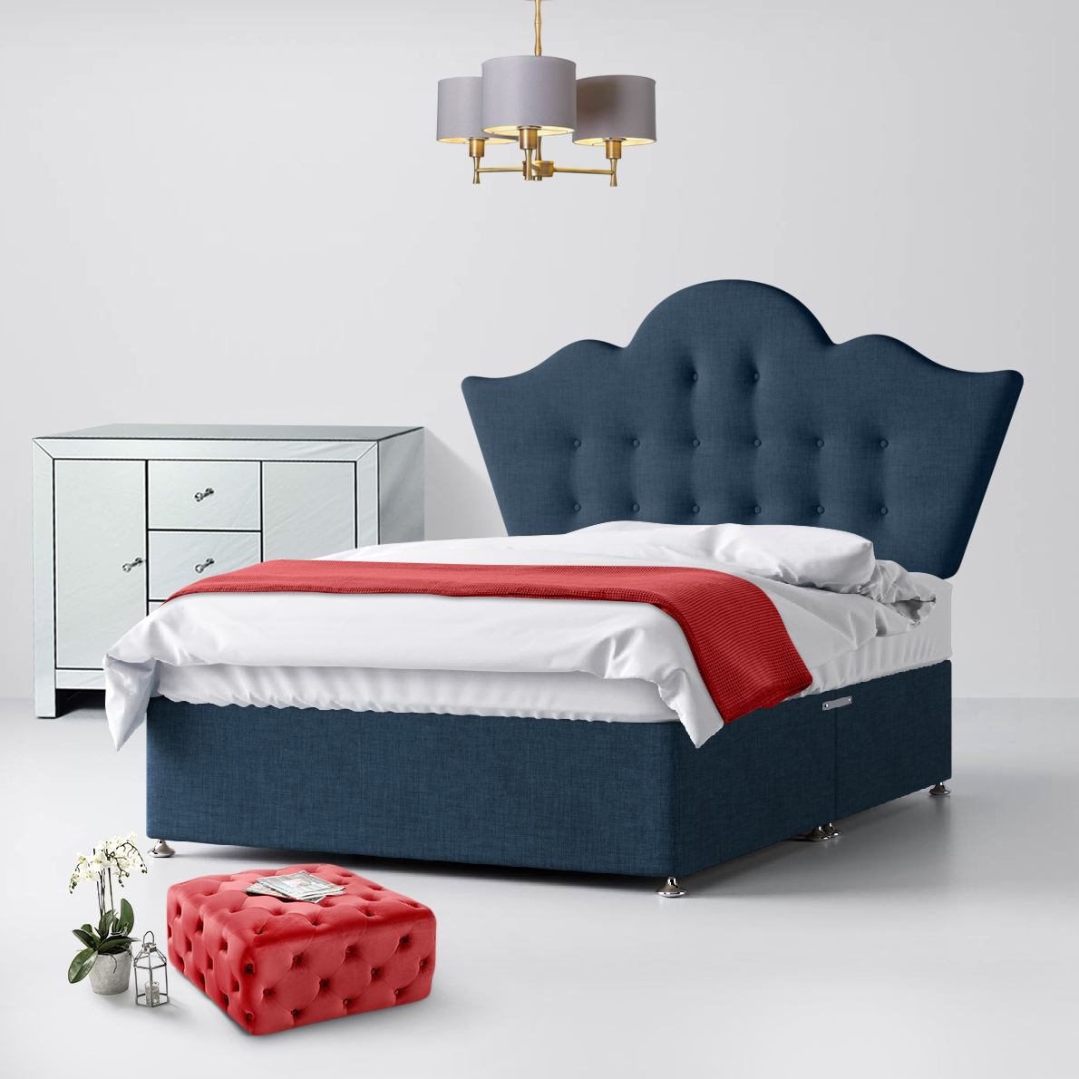 Small Single - Divan Bed and Florence Buttoned Headboard - Dark Blue - Fabric - 2ft6 - Happy Beds