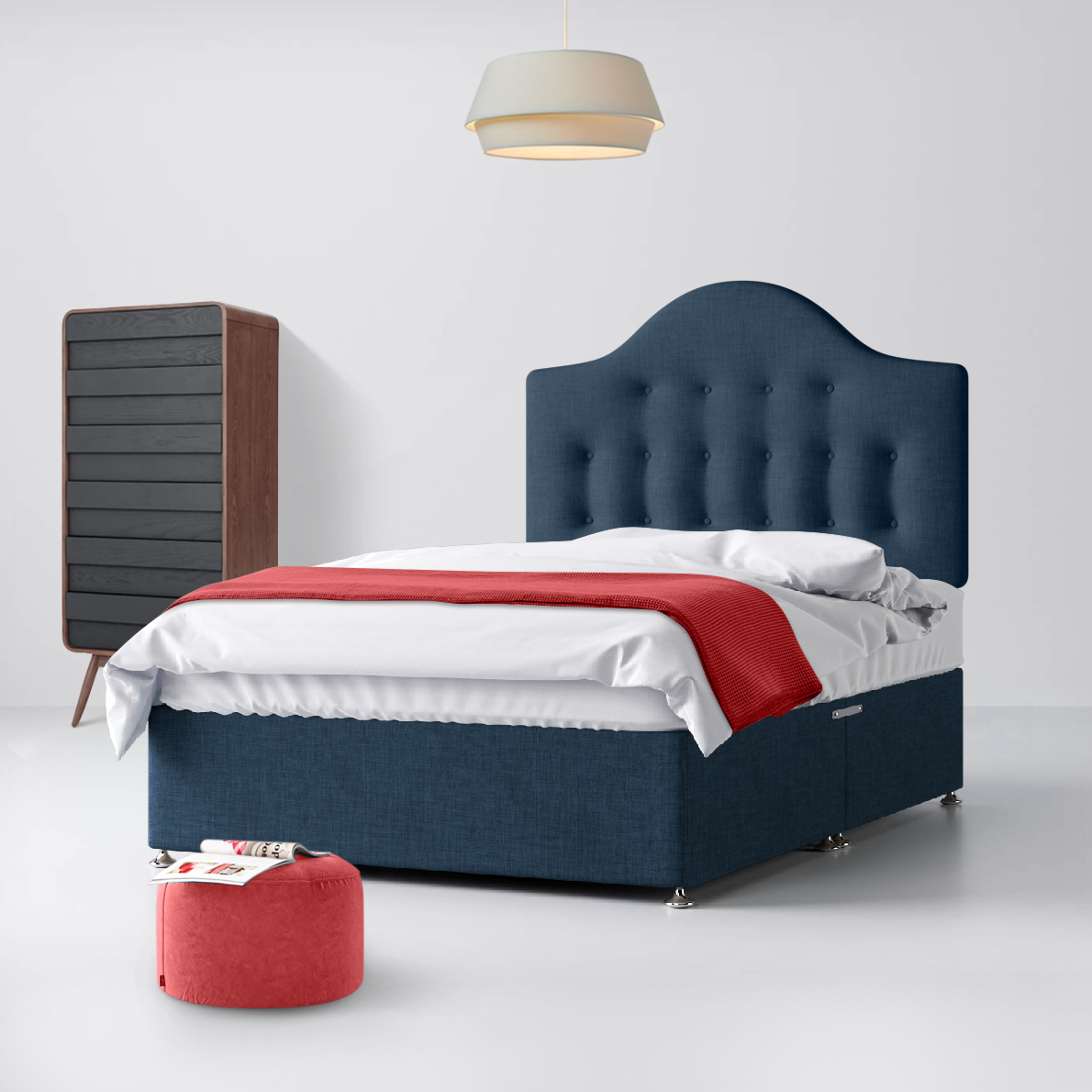 Small Single - Divan Bed and Victor Buttoned Headboard - Dark Blue - Fabric - 2ft6 - Happy Beds