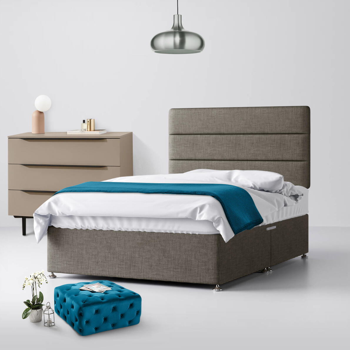 Small Double - Divan Bed and Cornell Lined Headboard - Grey - Fabric - 4ft - Happy Beds