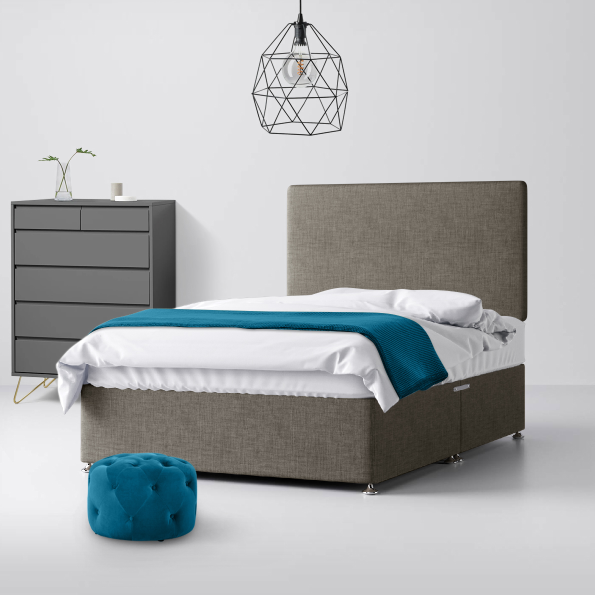 Small Single - Divan Bed and Cornell Plain Headboard - Dark Grey - Fabric - 2ft6 - Happy Beds