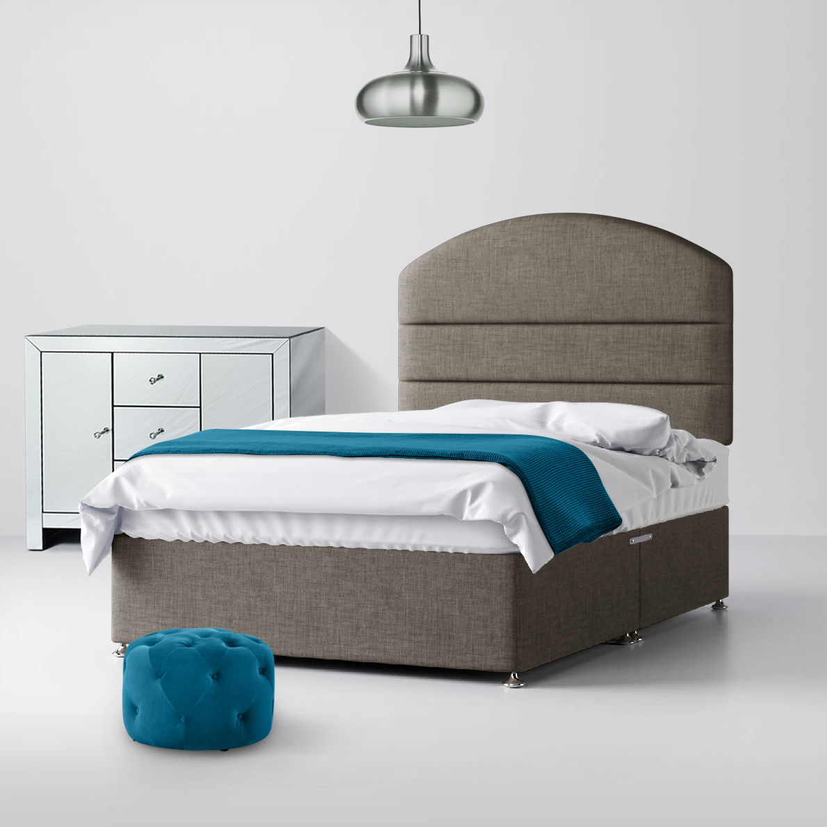 Small Double - Divan Bed and Dudley Lined Headboard - Dark Grey - Fabric - 4ft - Happy Beds