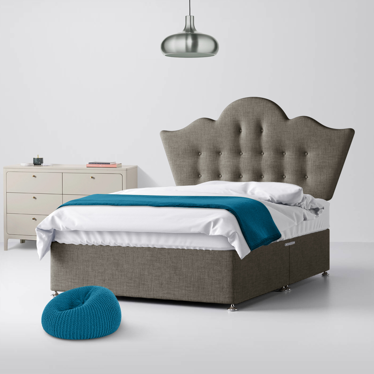 Small Double - Divan Bed and Florence Buttoned Headboard - Dark Grey - Fabric - 4ft - Happy Beds