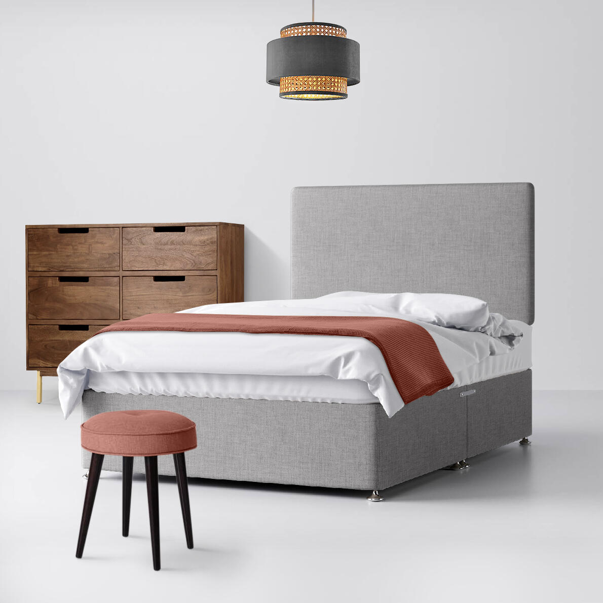 Small Single - Divan Bed and Cornell Plain Headboard - Light Grey - Fabric - 2ft6 - Happy Beds