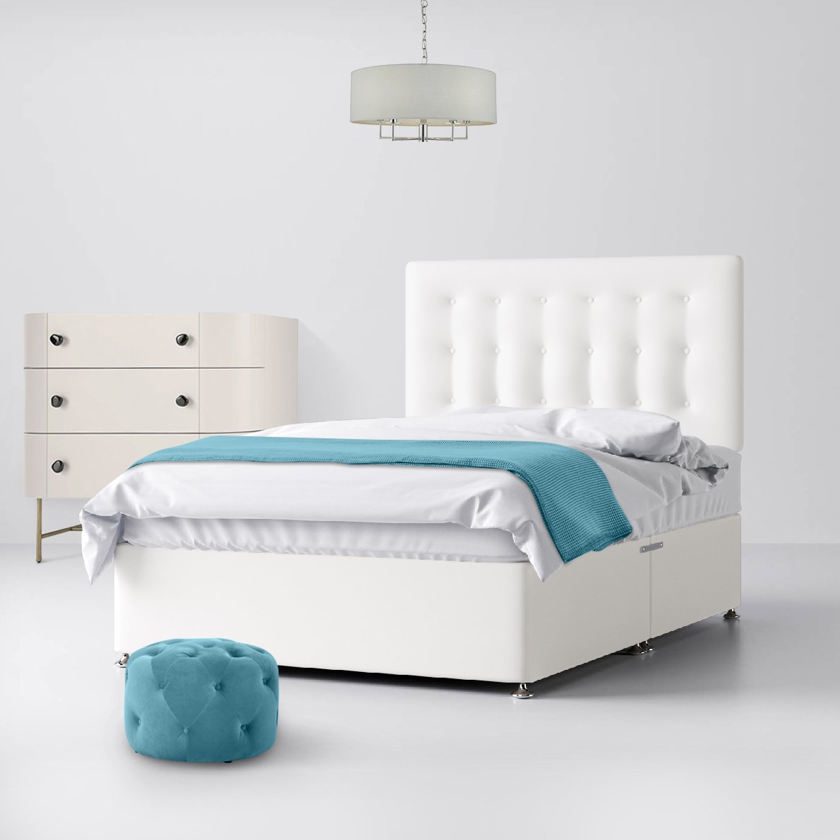 Small Double - Divan Bed and Cornell Buttoned Headboard - White - Fabric - 4ft - Happy Beds