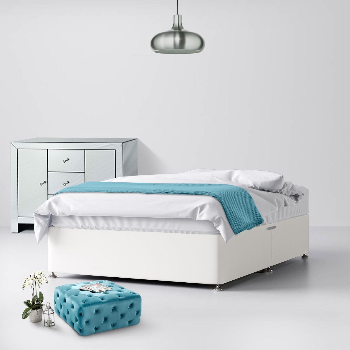 Small Double - Divan Bed - White - Fabric - 4ft - Happy Beds
