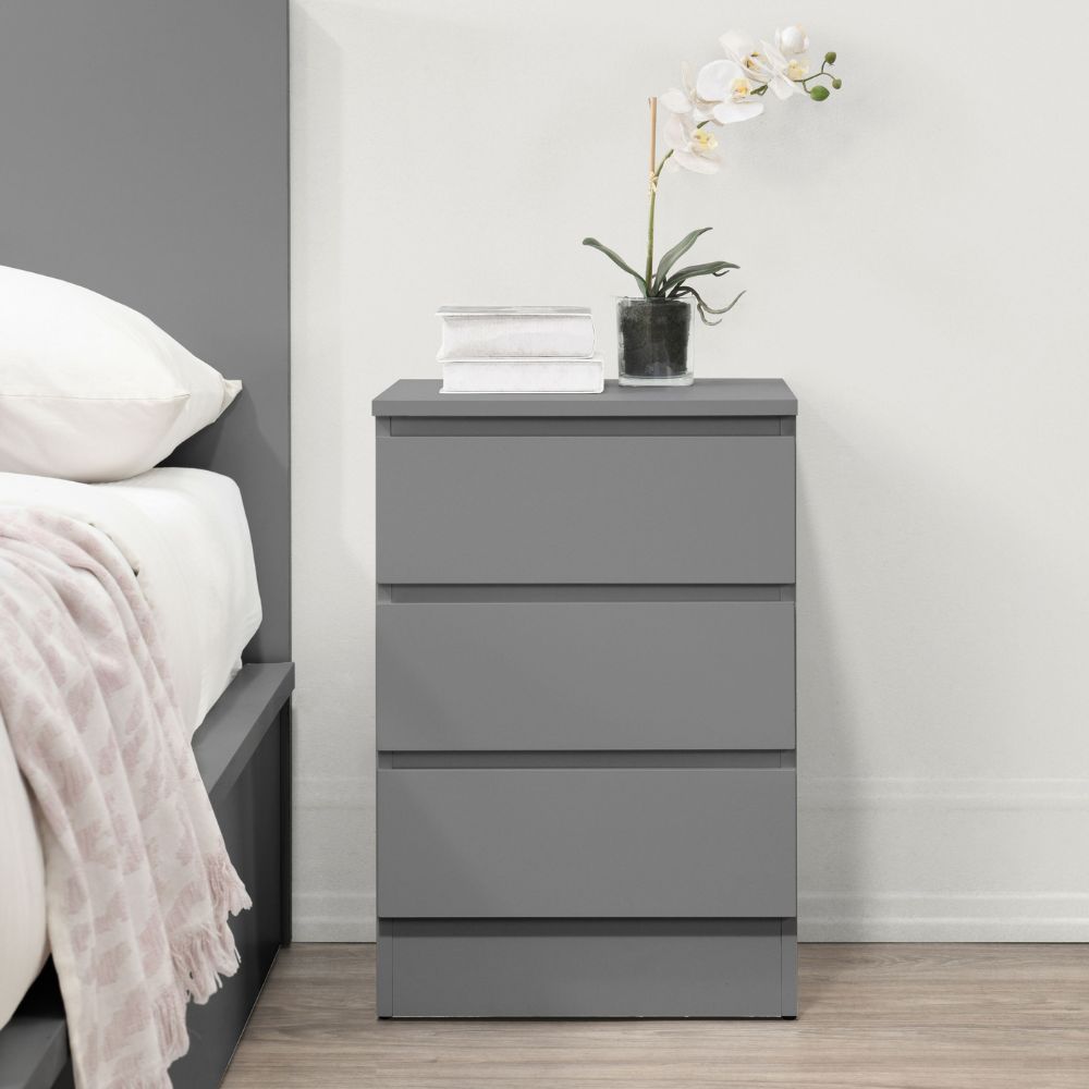 Oslo - 3 Drawer Bedside Table - Grey - Wooden - Happy Beds