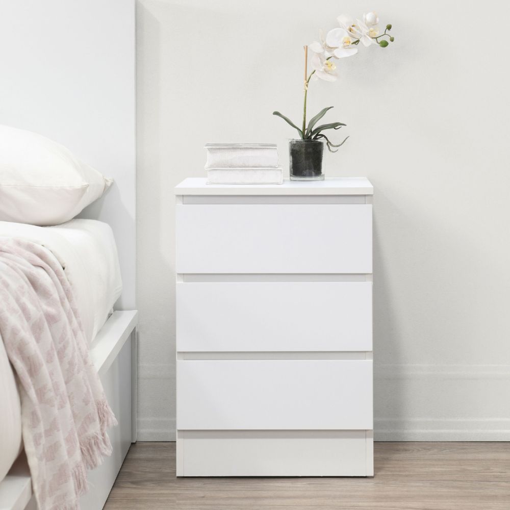 Oslo - 3 Drawer Bedside Table - White - Wooden - Happy Beds