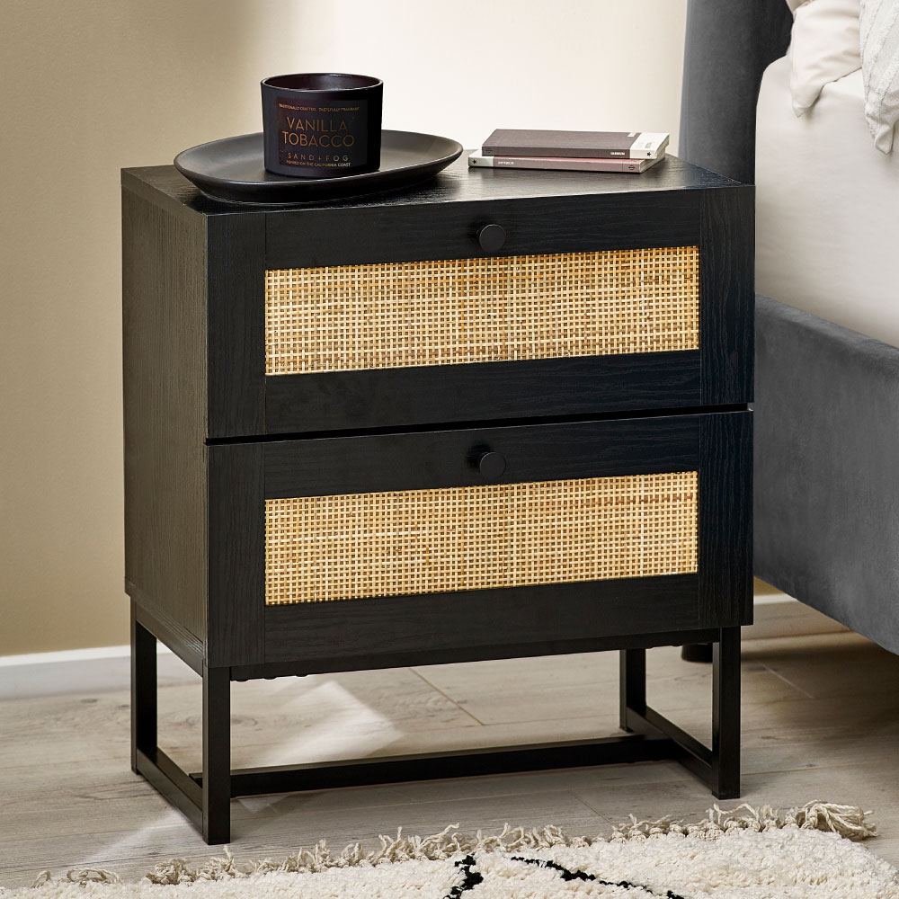 Padstow - 2 Drawer Bedside Table - Black - Wooden/Rattan - Happy Beds