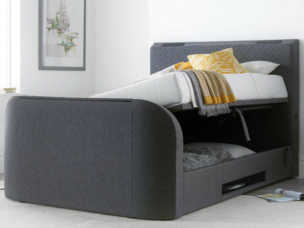 Paris - Double - Ottoman TV Bed - Grey - Fabric - 4ft6 - Happy Beds