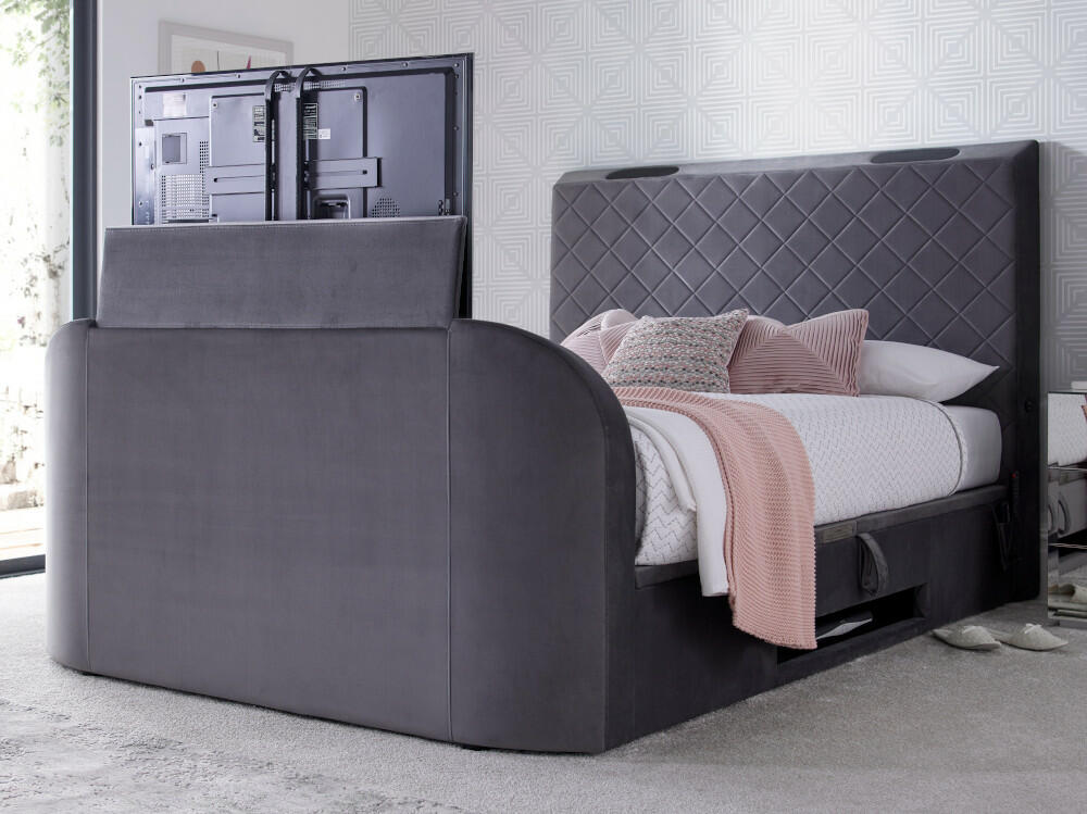 Paris - Double - Side-Opening Ottoman Storage Electric Media TV Bed - Grey - Velvet - 4ft6 - Happy Beds