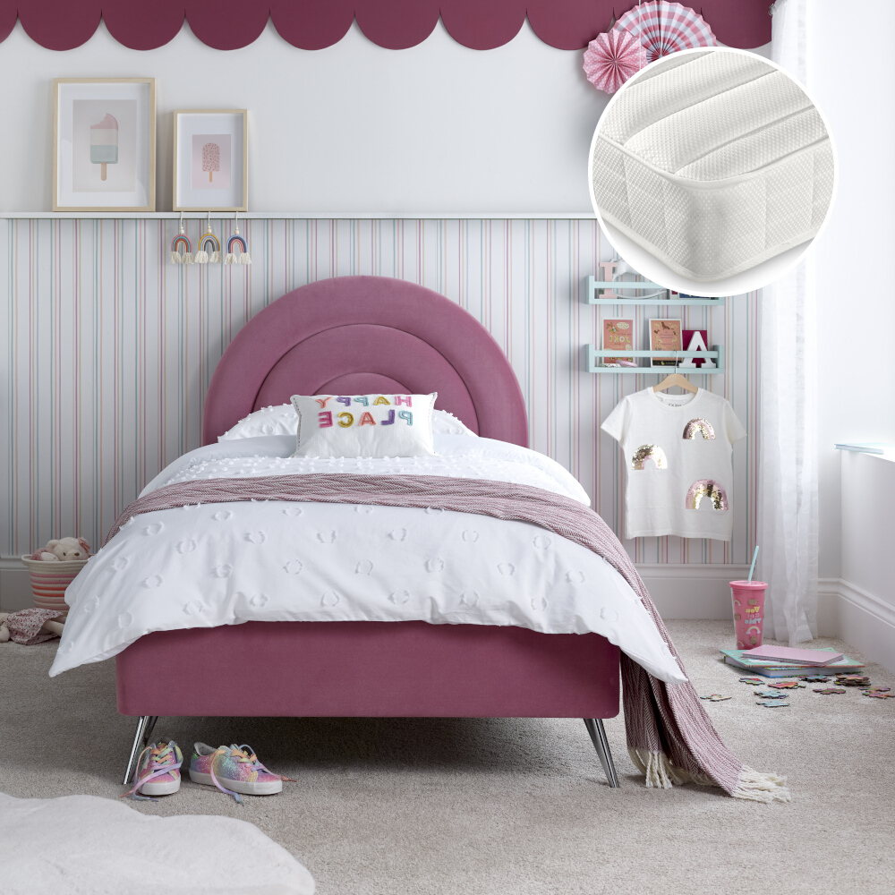 Rainbow/Ethan - Single - Novelty Kids Bed and Open Coil Spring Mattress Included - Pink/White - Velvet/Fabric - 3ft - Happy Beds