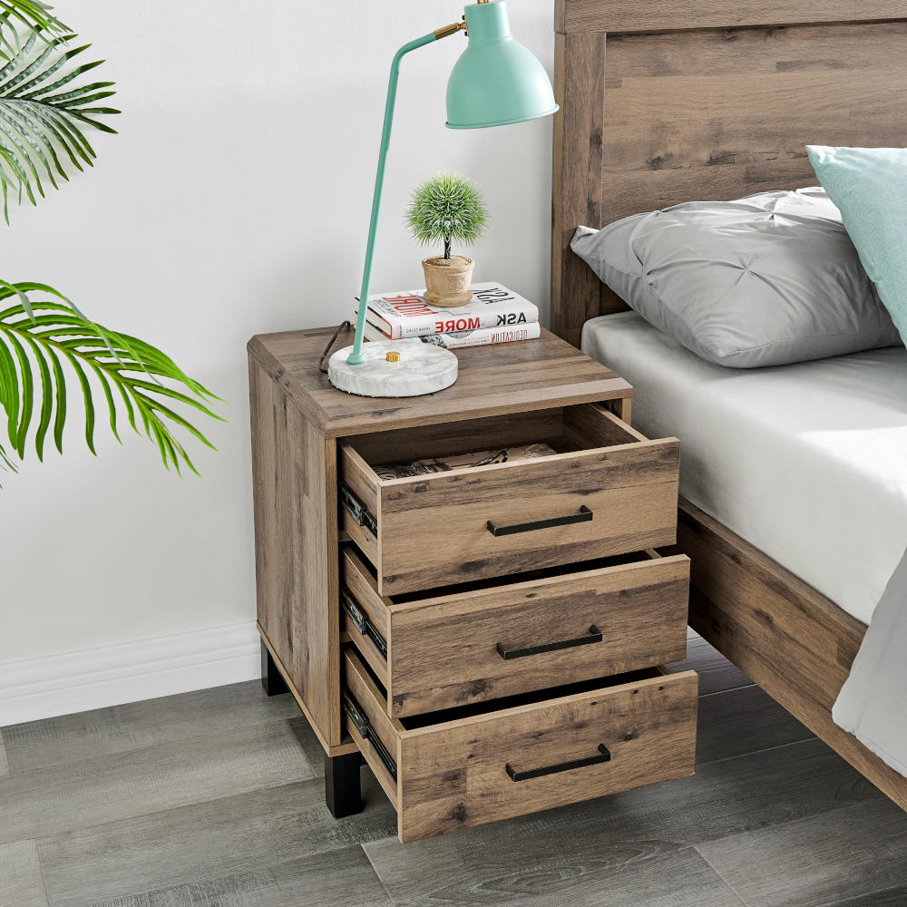 Rodley - 3 Drawer Bedside Table - Oak - Wooden - Happy Beds