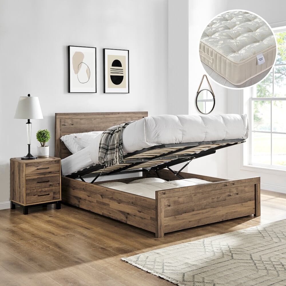 Rodley/Ortho Royale - Small Double - Ottoman Storage Bed and Open Coil Spring Orthopaedic Mattress Included - Oak/White - Wooden/Fabric - 4ft - Happy Beds