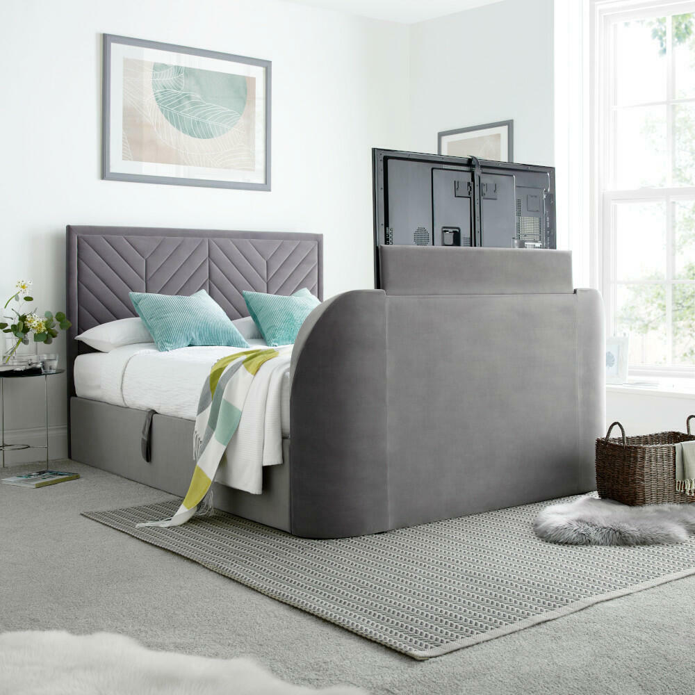 Sherlock - Double - Side-Opening Ottoman Storage Electric TV Bed - Light Grey - Velvet - 4ft6 - Happy Beds