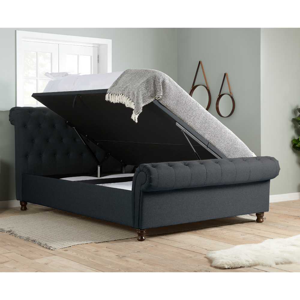 Castello - King Size - Side-Opening Ottoman Storage Scroll Sleigh Bed - Dark Grey - Charcoal - Fabric - 5ft - Happy Beds