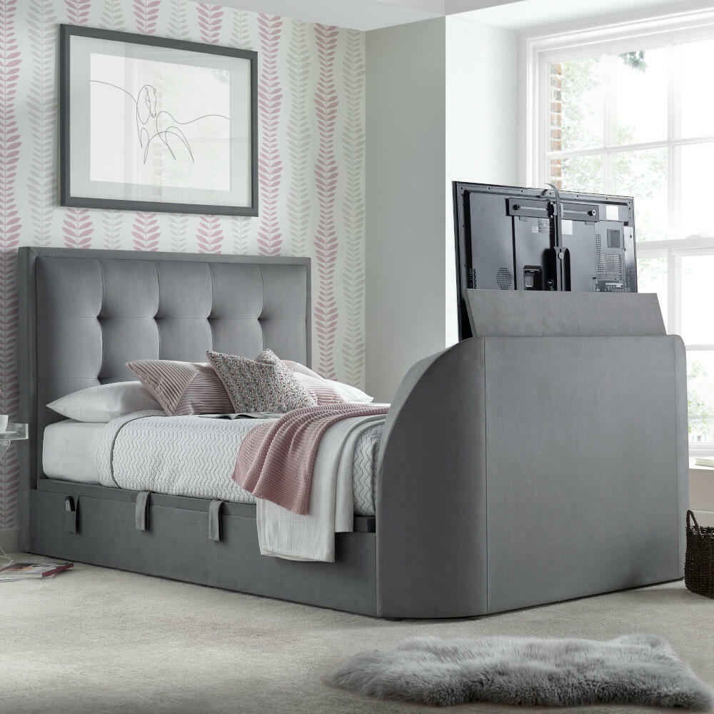 Simpson - King Size - Side-Opening Ottoman Storage Electric TV Bed - Light Grey - Velvet - 5ft - Happy Beds