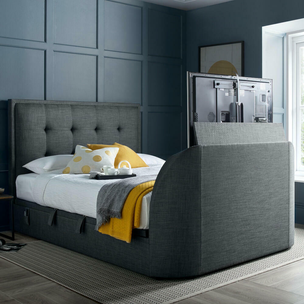 Simpson - King Size - Side-Opening Ottoman Storage Electric TV Bed - Dark Grey - Velvet - 5ft - Happy Beds