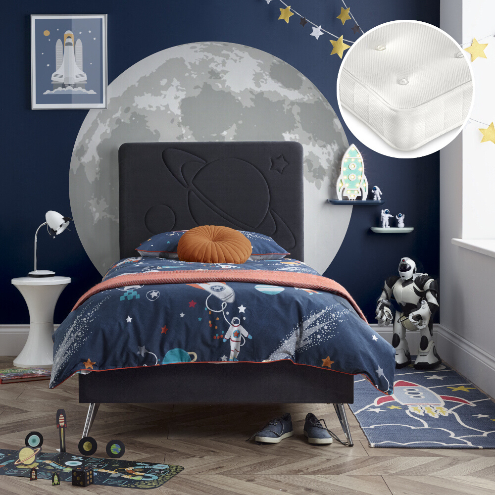 Space/Theo - Single - Novelty Kids Bed and Storage and Pocket Spring Mattress Included - Dark Grey/White - Velvet/Fabric - 3ft - Happy Beds