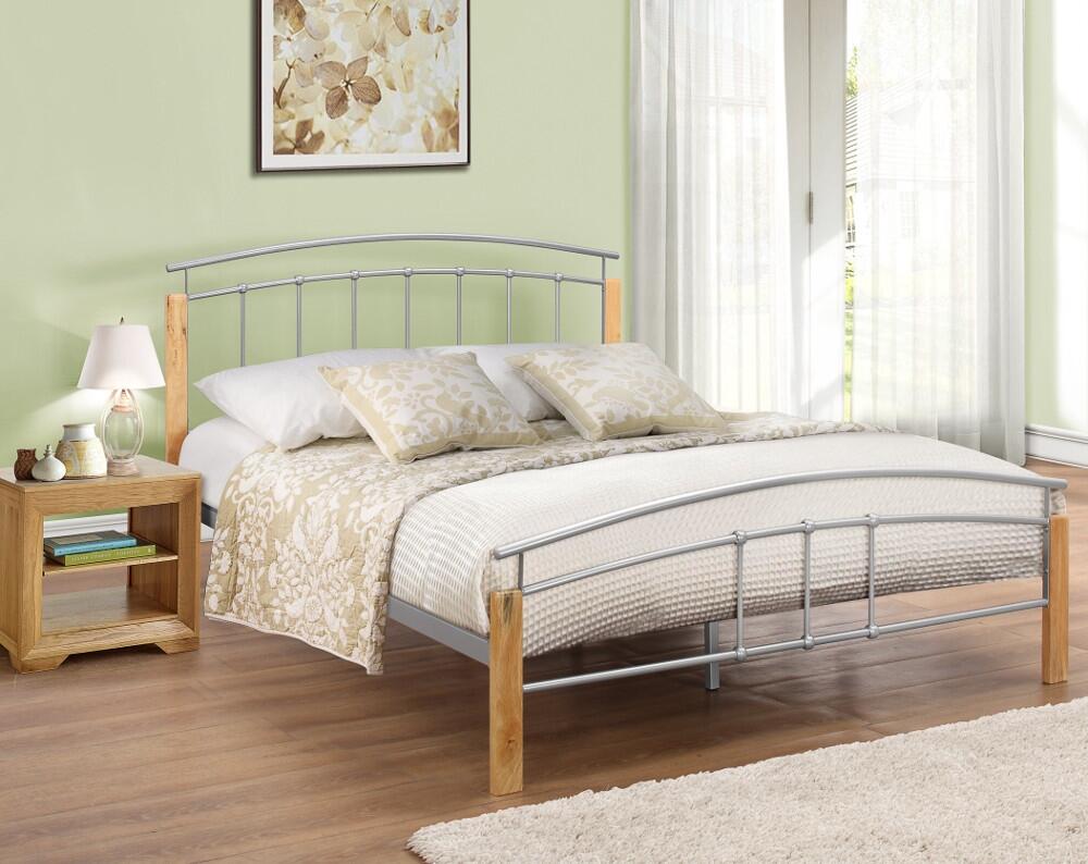 Tetras - Small Double - Metal Bed - Beech and Silver Grey - Wooden and Metal - 4ft - Happy Beds