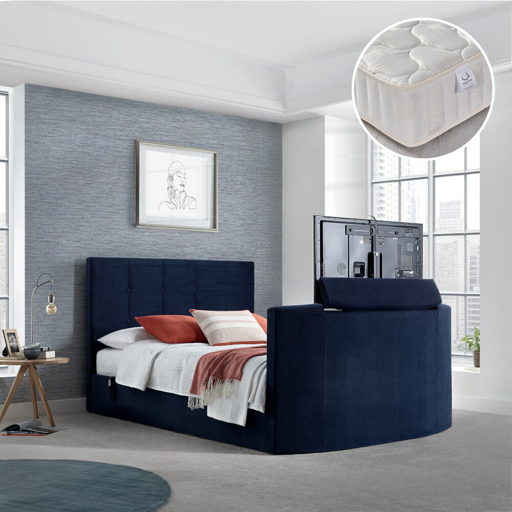 Thornberry/Pinerest - Double - Ottoman Storage TV Bed and Open Coil Spring Padded Mattress Included - Blue/White - Velvet/Fabric - 4ft6 - Happy Beds