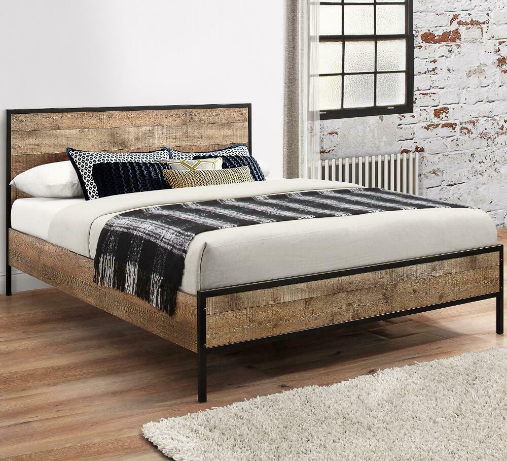 Urban Rustic Wooden And Metal Bed, Full Size Wood Bed Frame