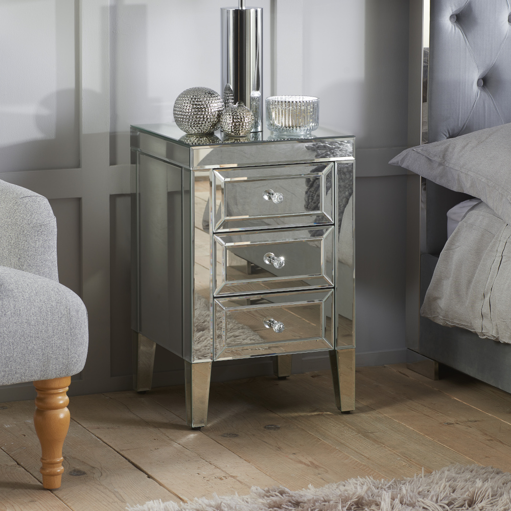 Valencia - 3 Drawer Bedside Table - Mirror/Glass - Happy Beds