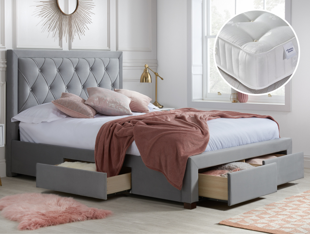 Woodbury/Signature Crystal - King Size - Velvet Storage Bed with 4 Drawers and 3000 Pocket Sprung Mattress Included - Grey/White - Velvet/Fabric - 5ft - Happy Beds