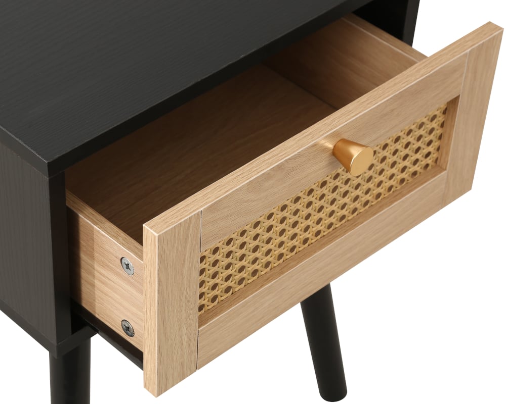 Croxley Black 1 Drawer Rattan Bedside Table Open Drawer