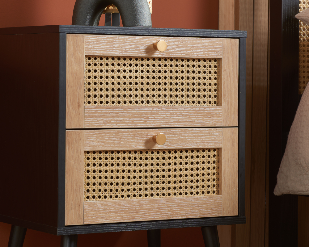 Croxley Black 2 Drawer Rattan Bedside Table