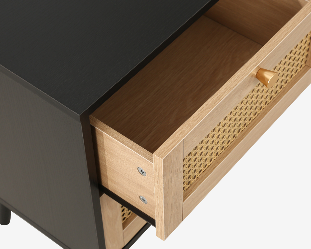 Croxley Black 2 Drawer Rattan Bedside Table Open Drawer