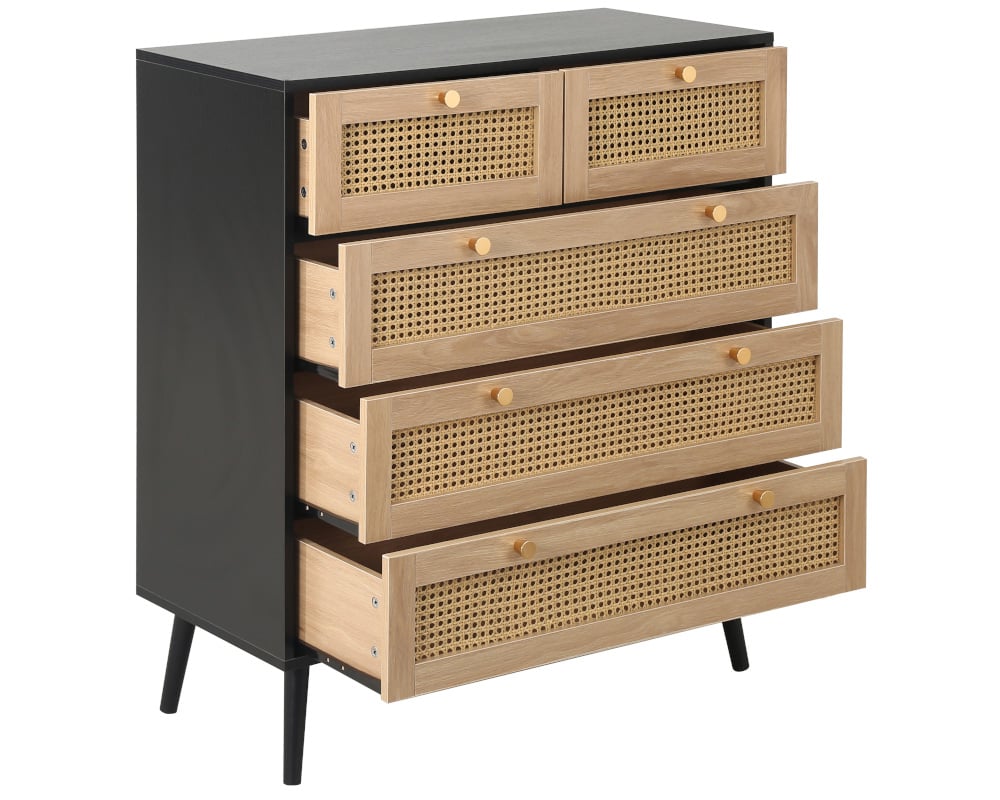 Croxley Black 5 Drawer Rattan Chest of Drawers Open Drawer