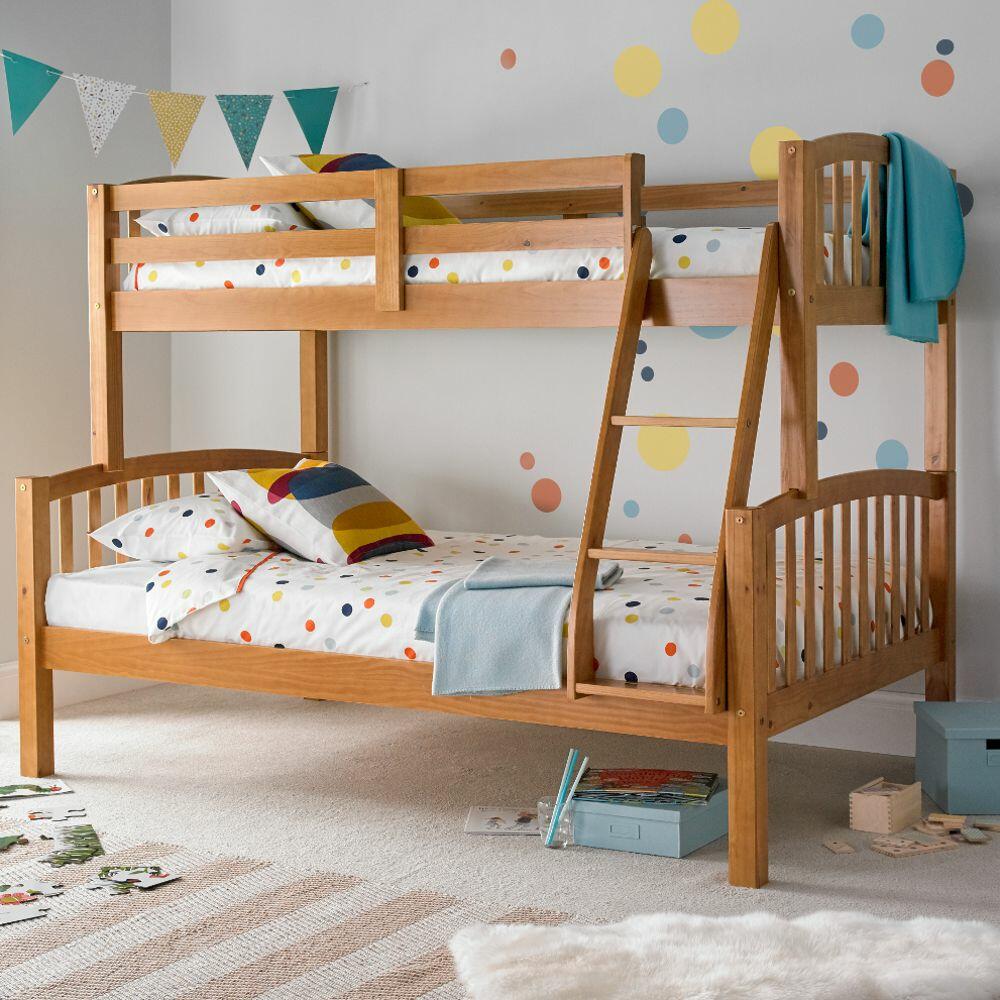 American Pine Wooden Triple Sleeper, Pine Bunk Bed With Stairs