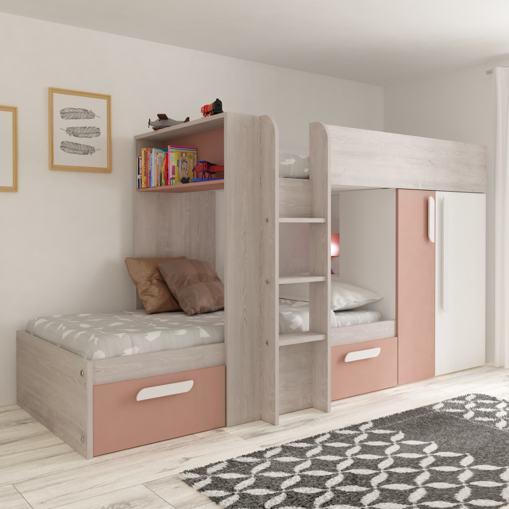 Barca Pink And Oak Wooden Bunk Bed, Oak Bunk Beds With Storage