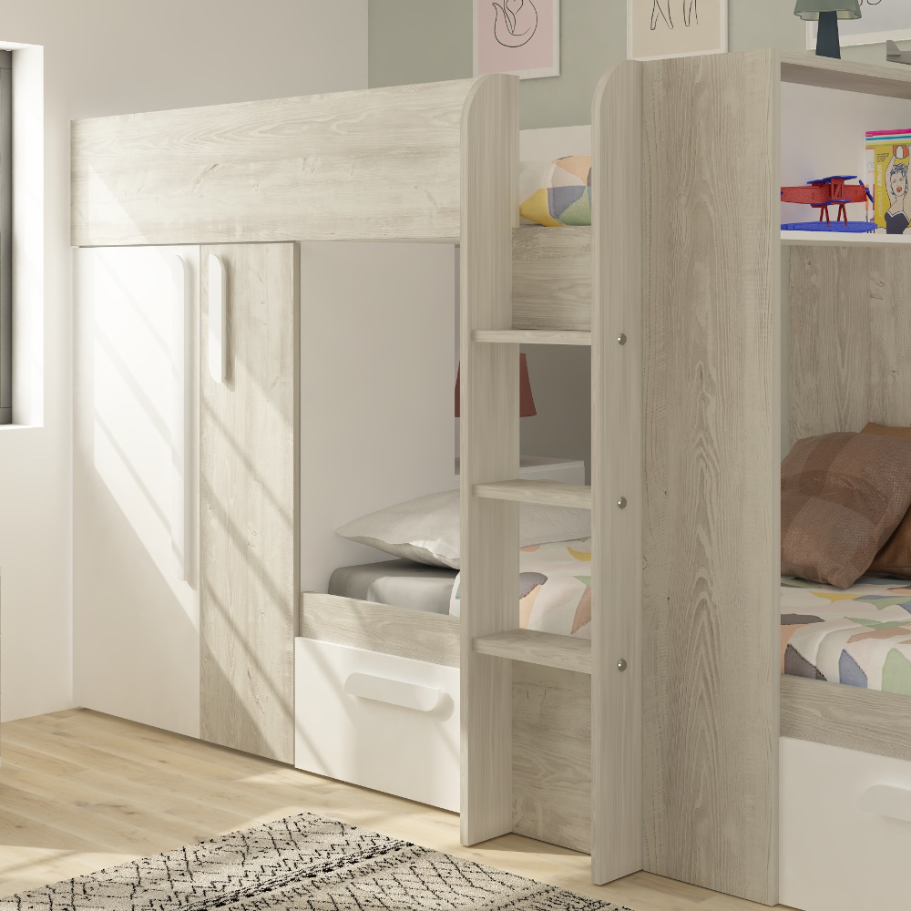 Barca White And Oak Wooden Bunk Bed, Barcelona Off White Bunk Bed