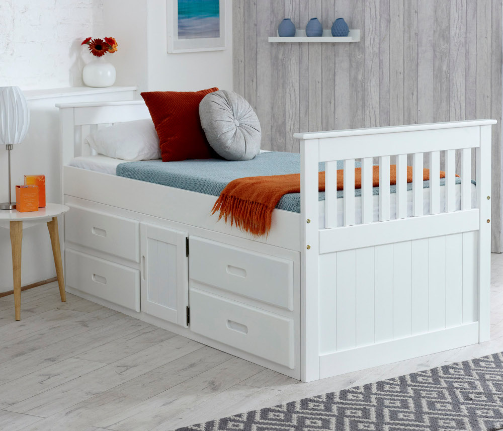 Captains White Wooden Storage Bed Frame, King Single Bed Frame With Drawers Underneath