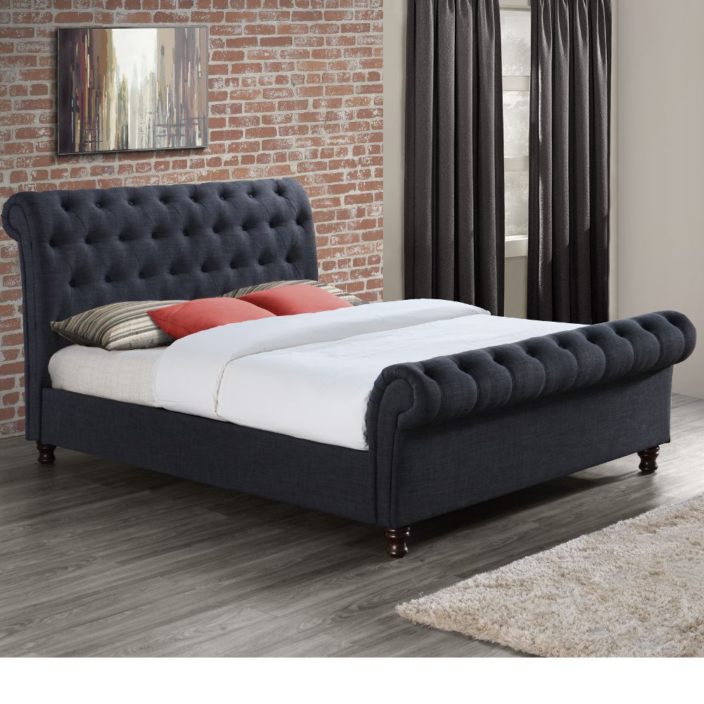 Castello Charcoal Fabric Scroll Sleigh Bed, King Size Fabric Sleigh Bed Frame