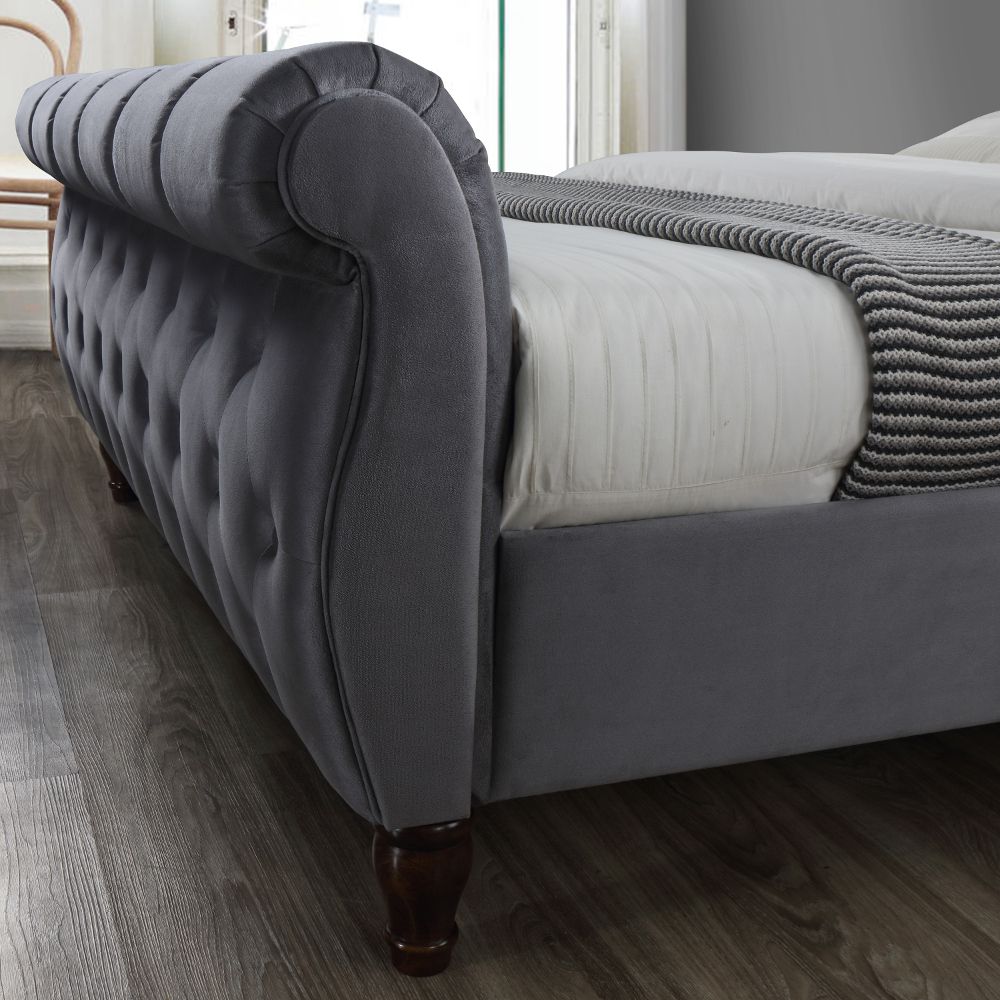Grey fabric sleigh bed