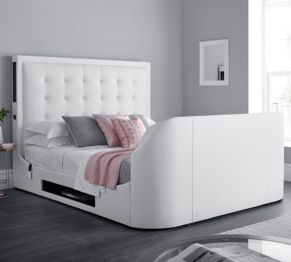 Titan 2 White Leather Media Electric Tv Bed, King Size White Leather Bed