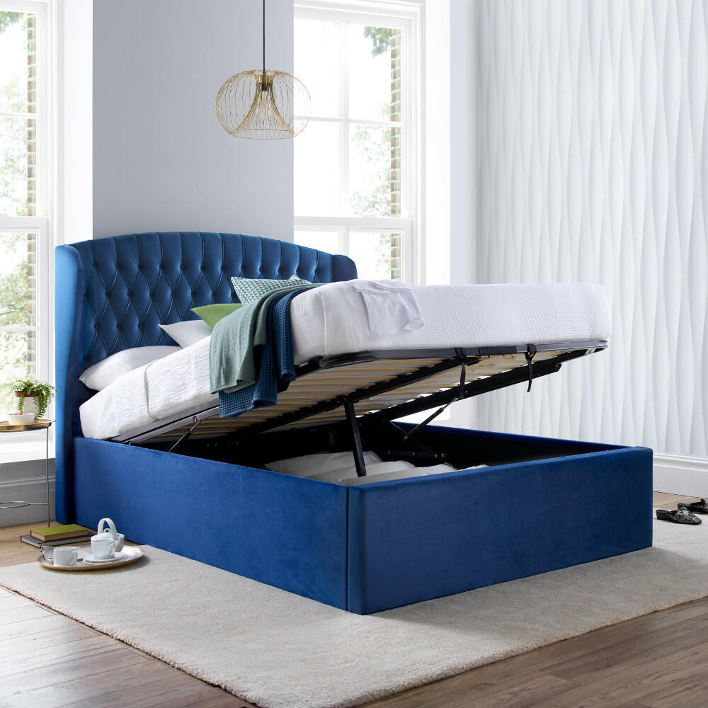 Warwick Blue Velvet Fabric Ottoman Bed, Blue Double Bed Frame