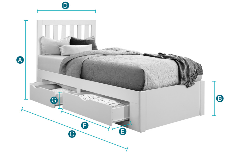 Happy Beds Appleby White 4 Drawer Storage Bed Sketch Dimensions