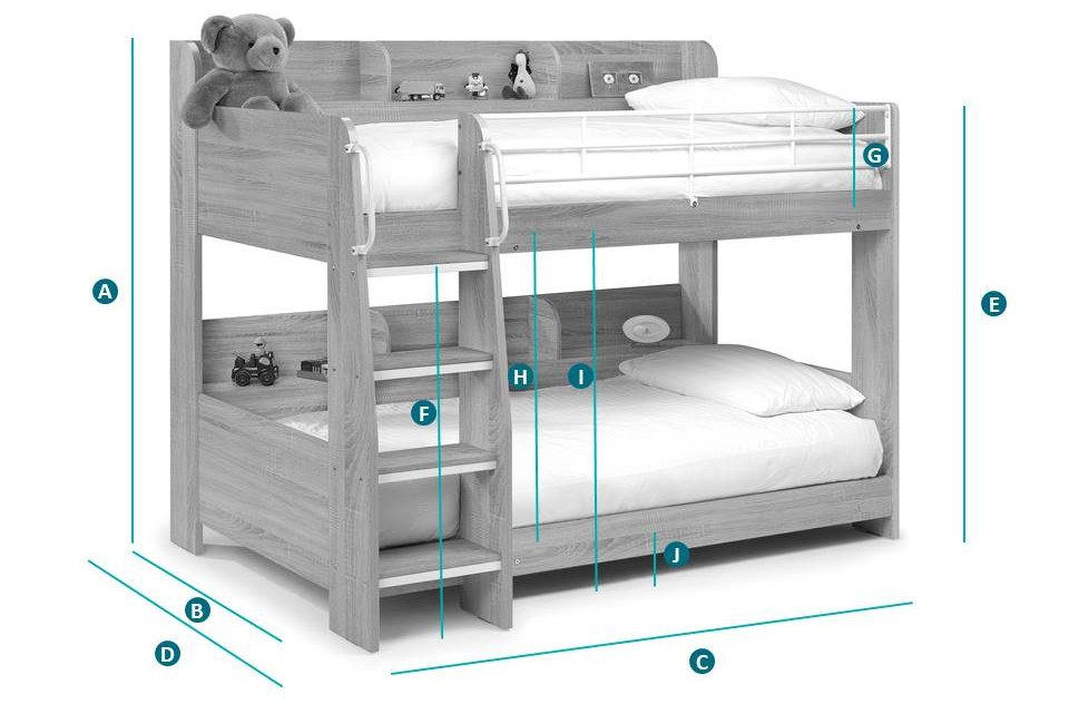 Domino Oak Wooden and Metal Kids Storage Bunk Bed Sketch