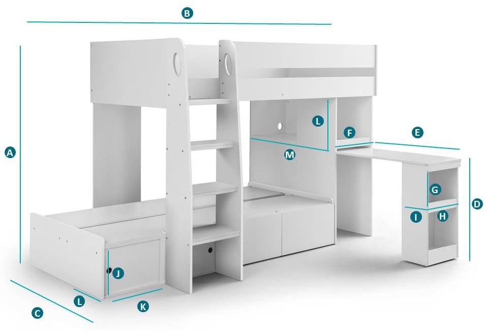 Eclipse White Wooden Storage Bunk Bed Sketch