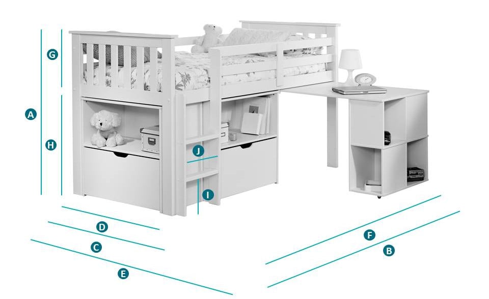 Happy Beds Milo Mid Sleeper Bunk Sketch Dimensions