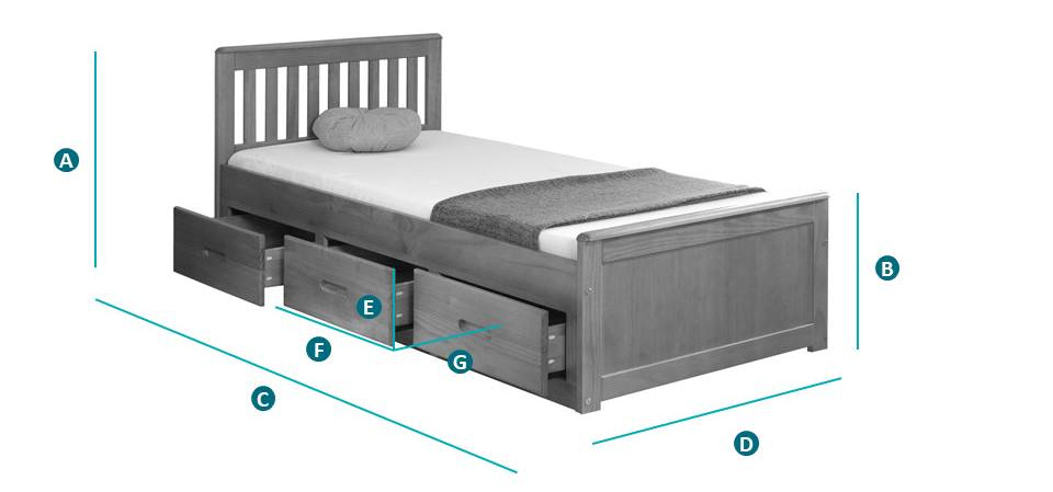 Happy Beds Mission 3ft Storage Bed Sketch Dimensions