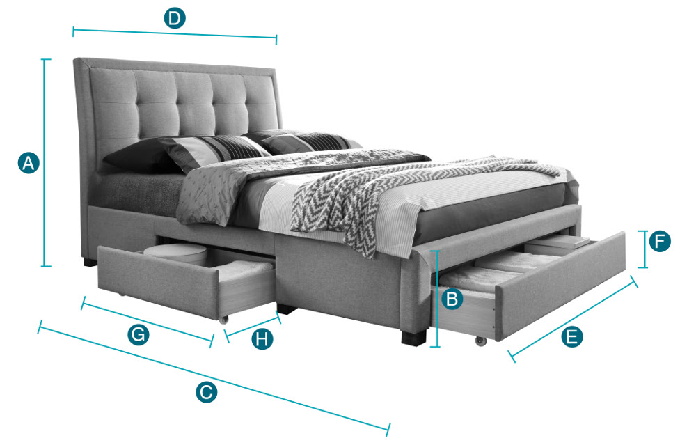 Happy Beds Shelby 3 Drawer Bed Sketch Dimensions