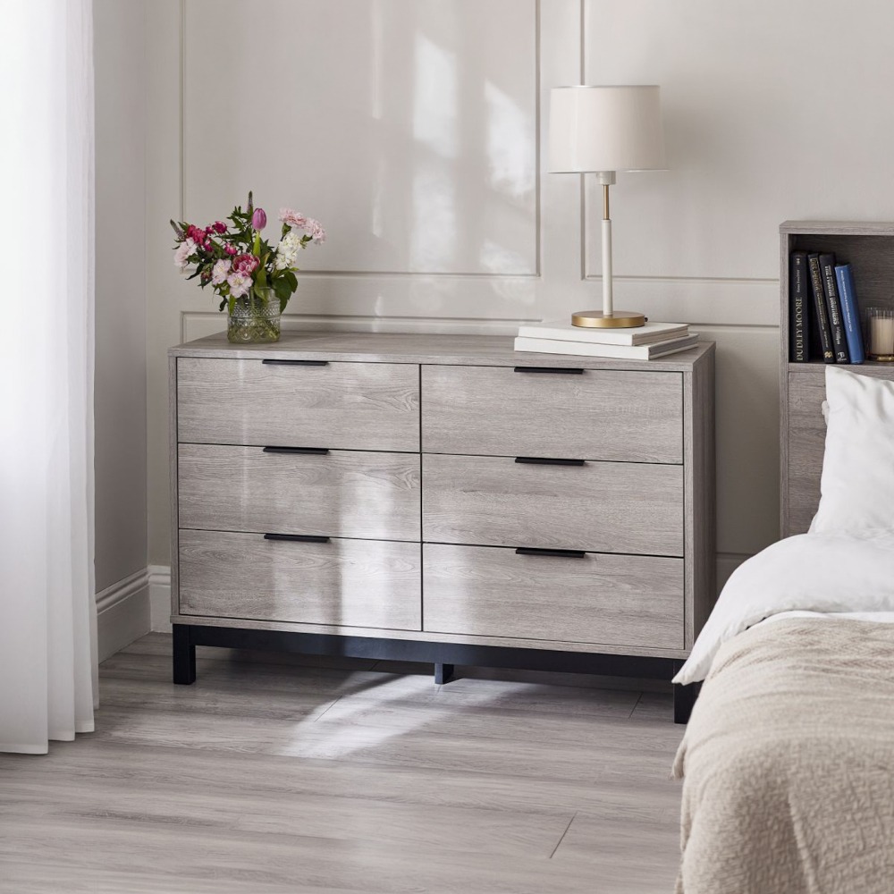 Bali Grey Oak 6 Drawer Wide Wooden Chest