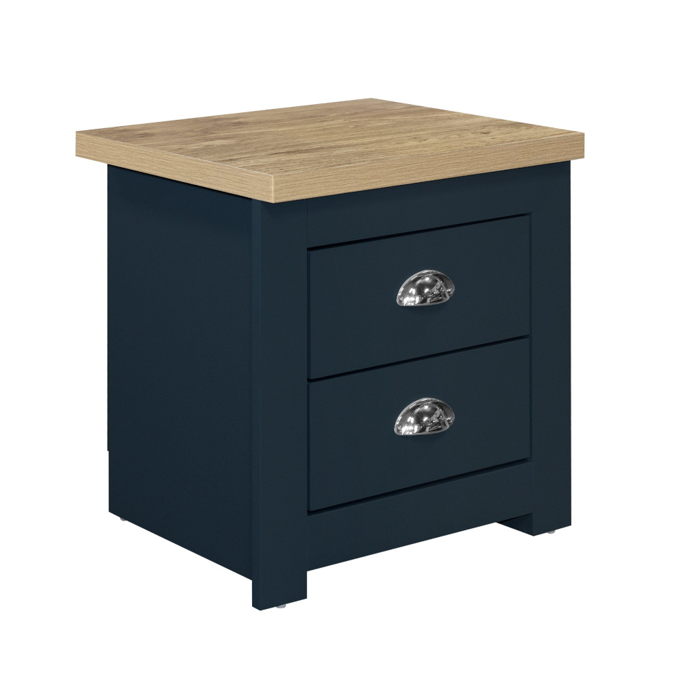 Highgate Navy Blue Oak 2 Drawer Bedside Table Happy Beds