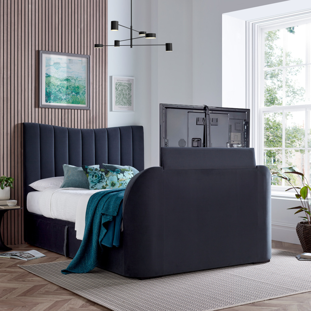 Prince Dark Grey Velvet Ottoman TV Bed Happy Beds